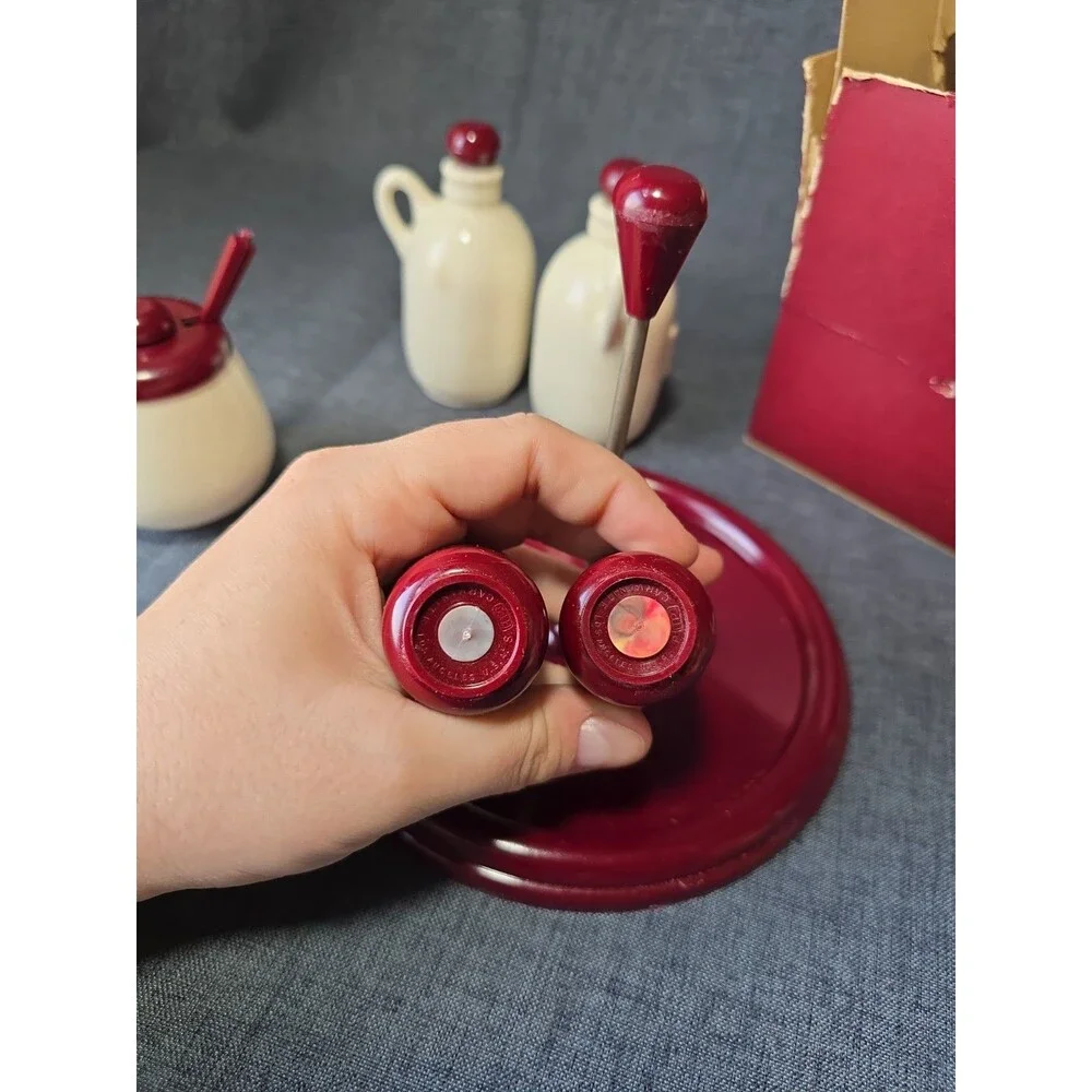 Vintage Carvanite Mid Century Classic Maroon Ceramic & Plastic Condiment Set